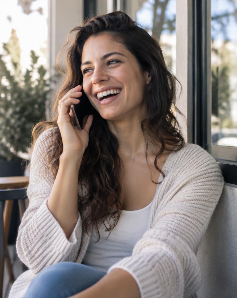 A smiling woman chatting happily on her phone
